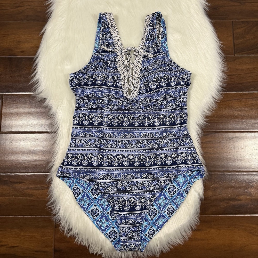 Tommy‎ Bahama Women's Size 12 Blue Tika Tiles Reversible One Piece Swimsuit
